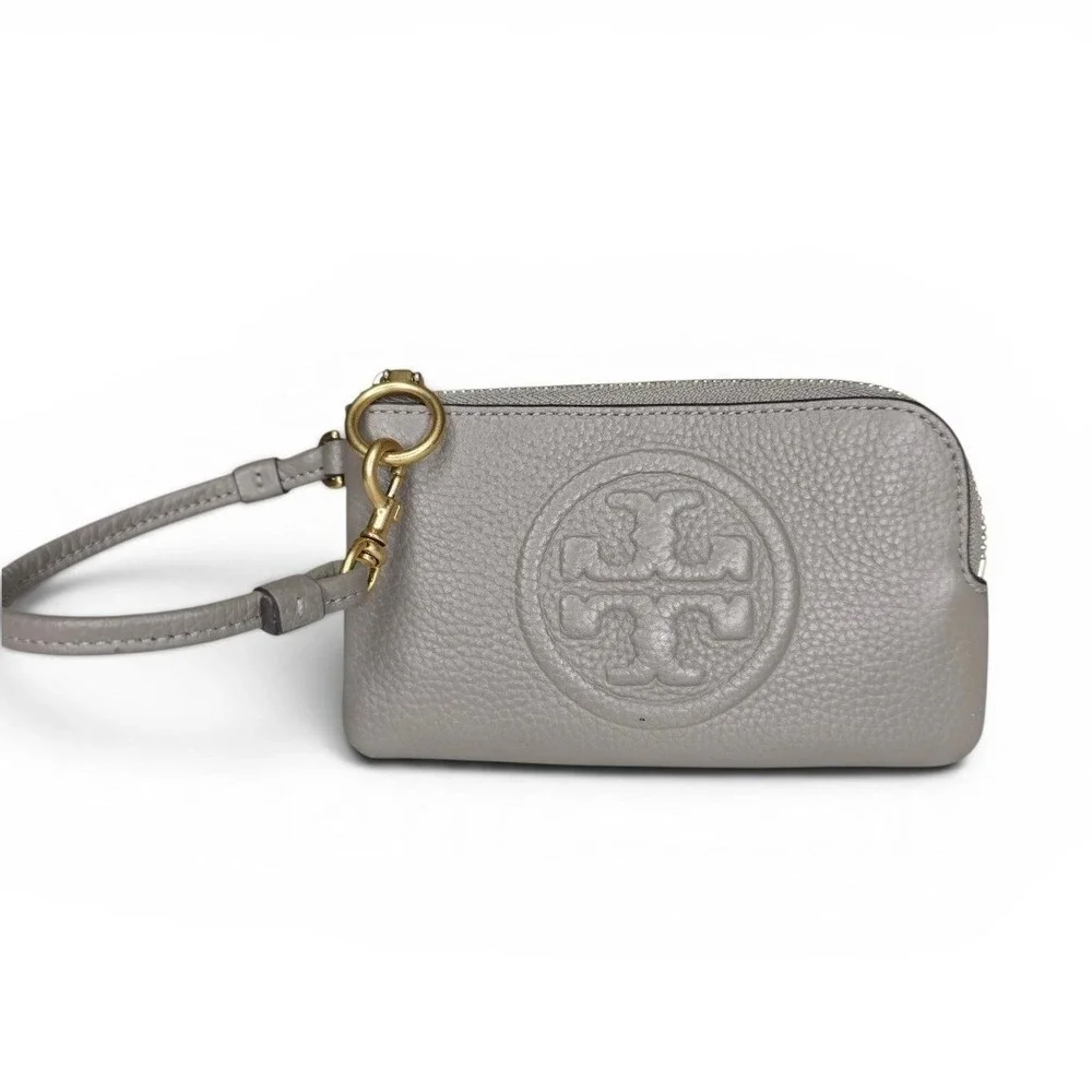 Tory Burch Perry Bombé Wristlet Grey Heron Pebbled Leather Zip Pouch Wristlet